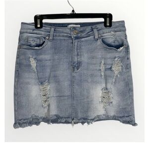 Bamboo Mini Blue Denim Distressed Fringe Hem Jean Skirt Jr’s Size 11